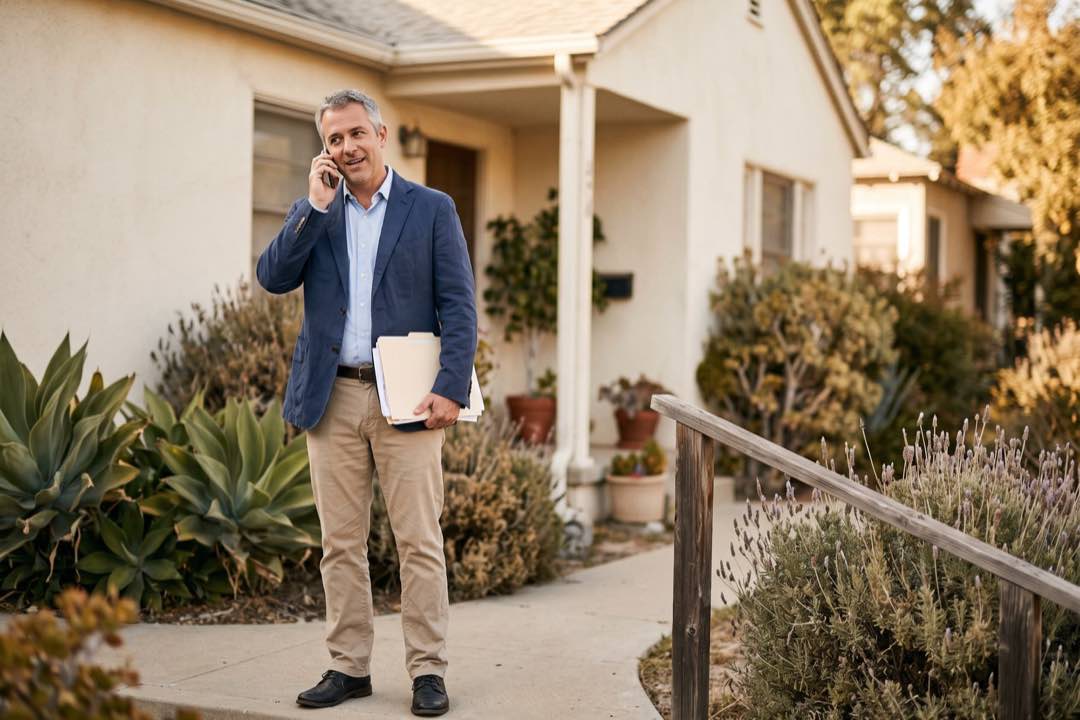 An agent on the phone outside a California home
