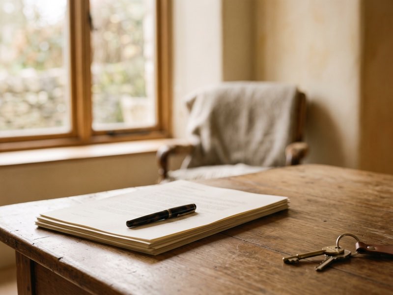 Paperwork and house keys on a wooden table