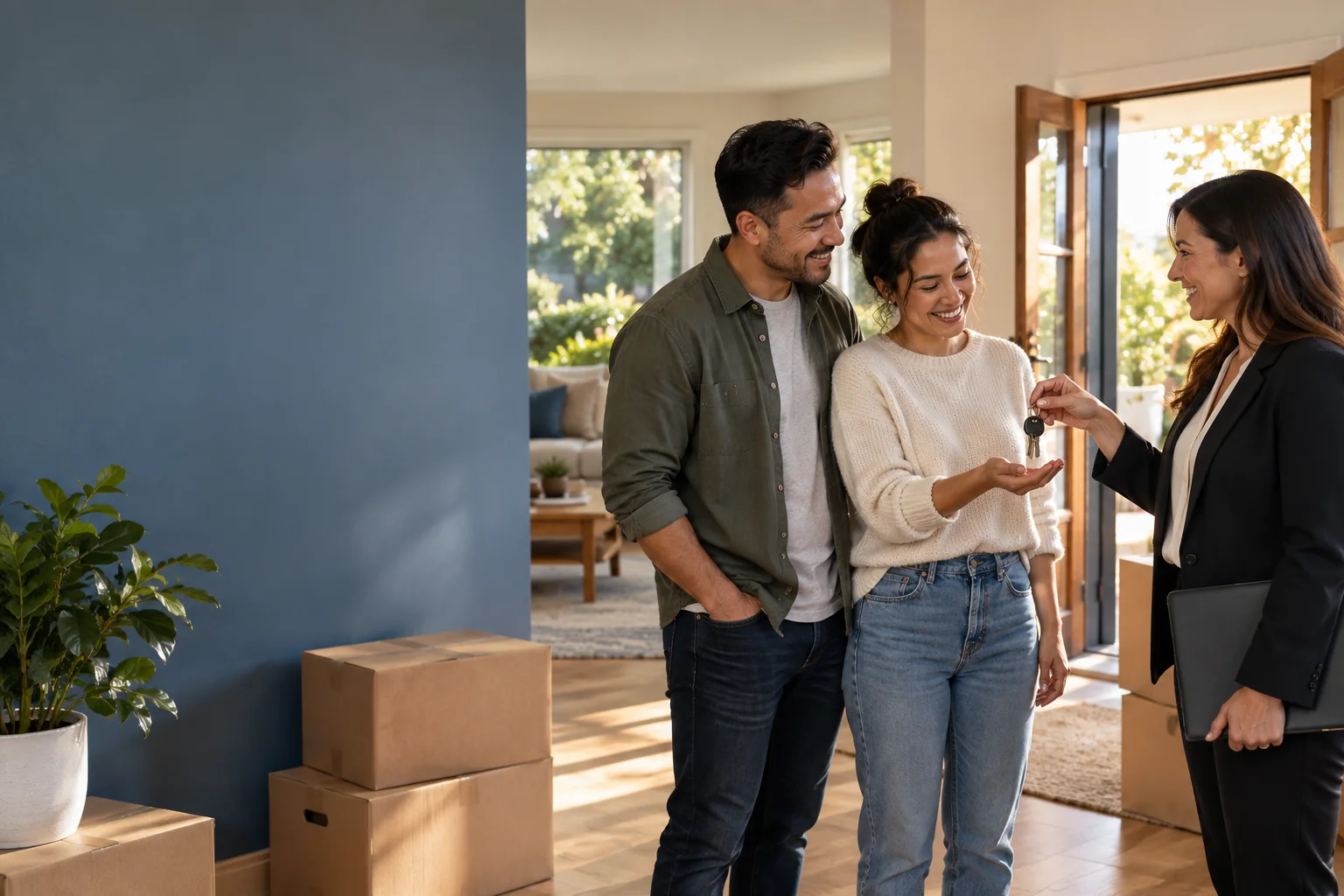 An agent handing keys to buyers in their new home.