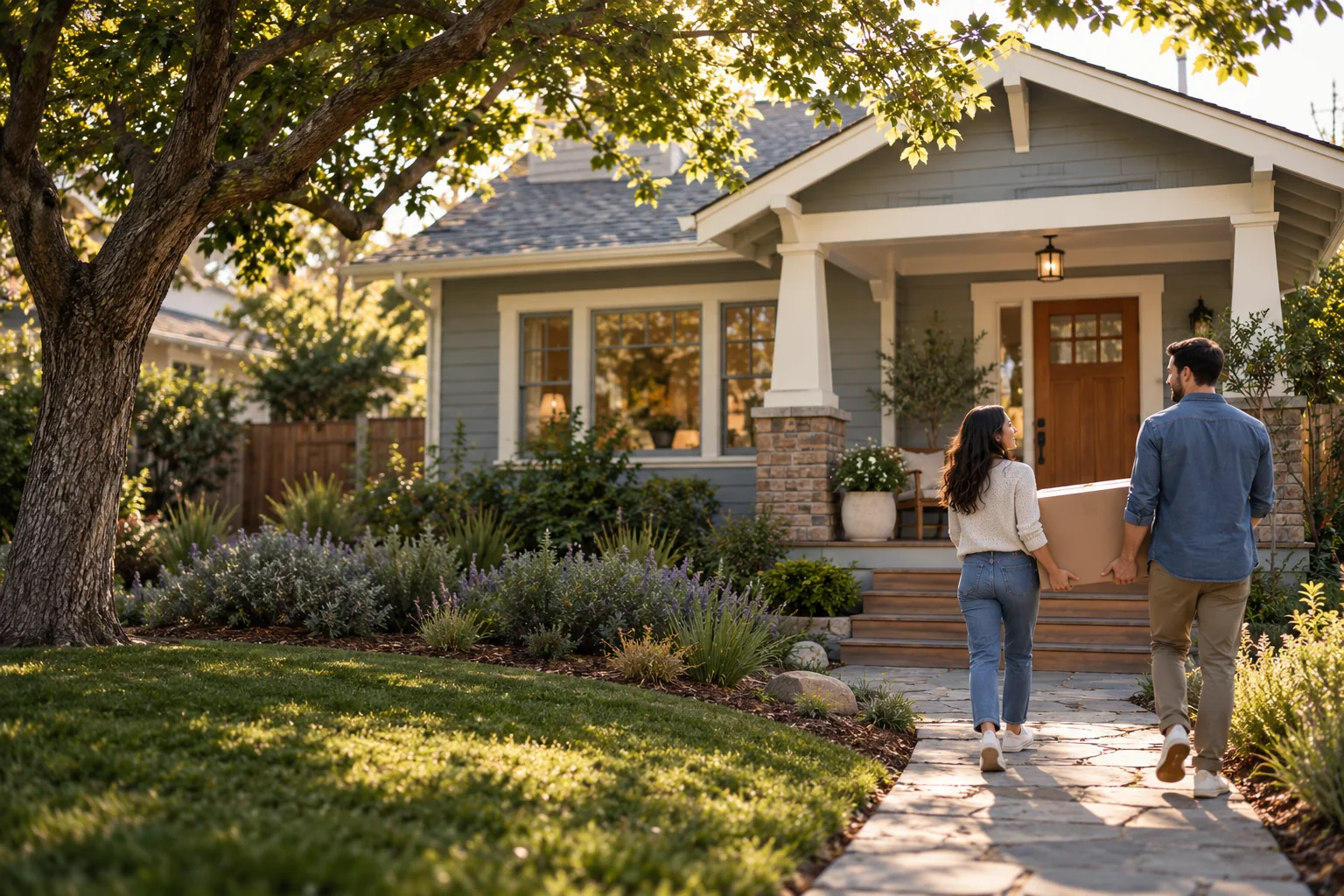 Two people carrying a moving box toward a blue-gray home.