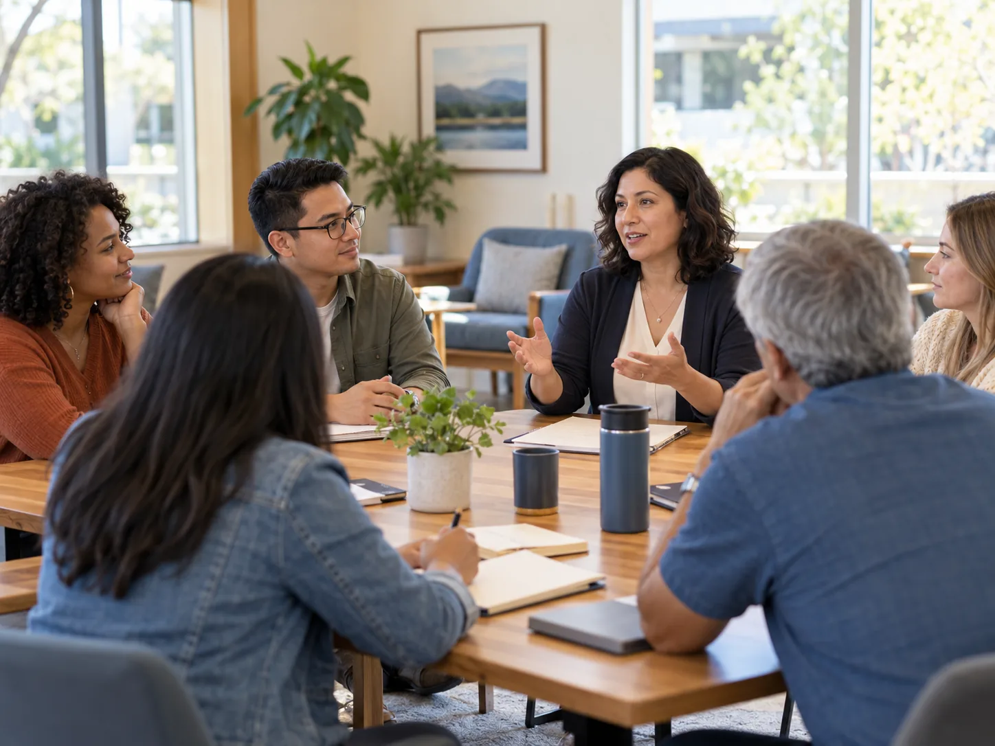 A small group discussing home buying at a community workshop.