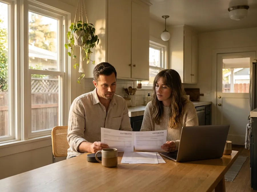 A couple going over quotes at the kitchen table